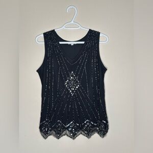 Cleo size small black beaded top V-neck sleeveless with lining